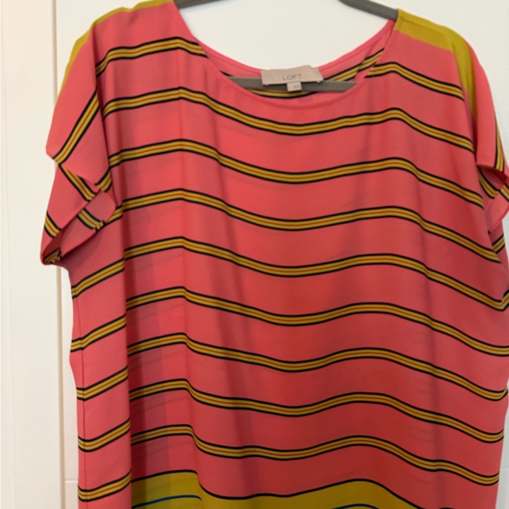 LOFT Pink Striped Short Sleeve Blouse with Yellow Accents
